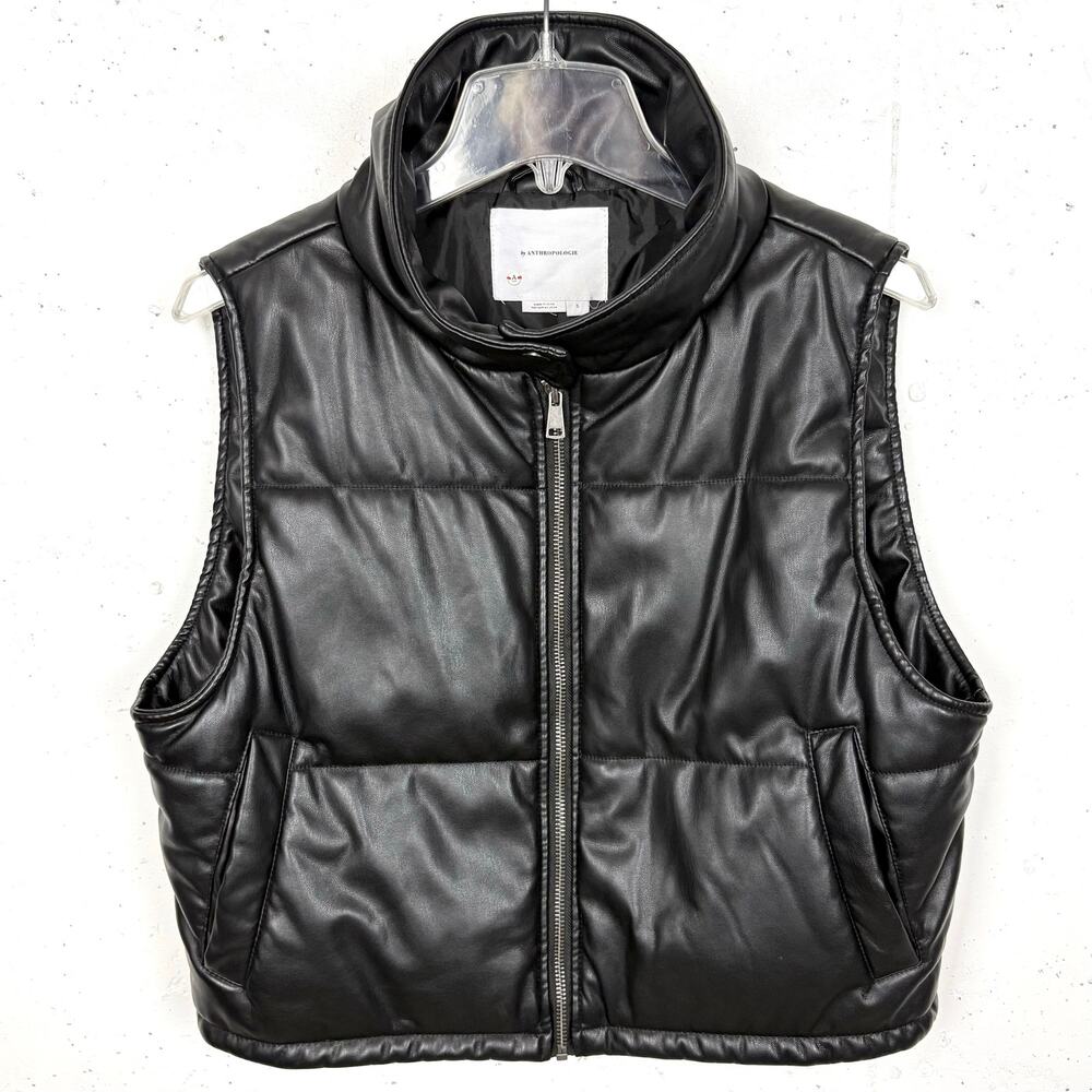 Anthropologie Faux Leather Puffer Vest Black Cropped Full Zip Pockets Size Small - Picture 2 of 11